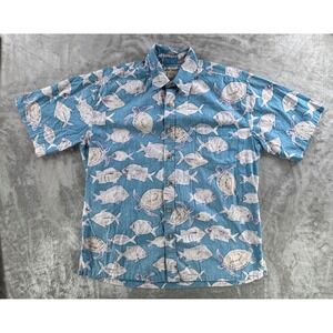 Cooke Street Honolulu Mens Large  Blue Fish Sea Turtle Print Cotton Aloha Resort
